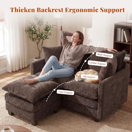 Image of 50'' Loveseat Sofa Set with Ottoman, Small Couch Set 2 Piece Cloud Love Seat 27 inch Deep Seat Washable Pillows Couches for Small Spaces Apartment Living Room, Brown