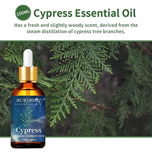 Image of BURIBURI 100ML Cypress Essential Oil, 100% Pure Undiluted Aromatherapy Cypress Oil 3.38fl.oz for Soap, Candle Making, Massage, Diffuser, Humidifier