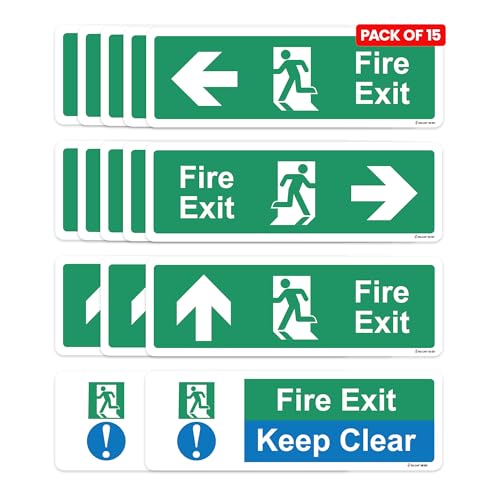 RDLCAR Safety Fire Exit Arrow Signs Pack of 15 Includes Left Right Up Arrows and Fire Exit Keep Clear Signs Self Adhesive 300mm x 100mm Door Mount Signage