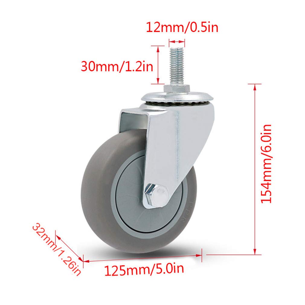 Zestaw 4 wytrzymałych kółek skrętnych z szarej gumy TPR, mocowanie śrubowe M12x30mm, ciche i wymienne do wózków, wózków i stołów warsztatowych - Kompatybilność z uniwerami