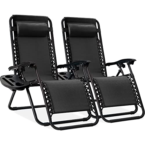 Best Choice Products Set of 2 Adjustable Steel Mesh Zero Gravity Lounge Chair Recliners w/Pillows and Cup Holder Trays – Black