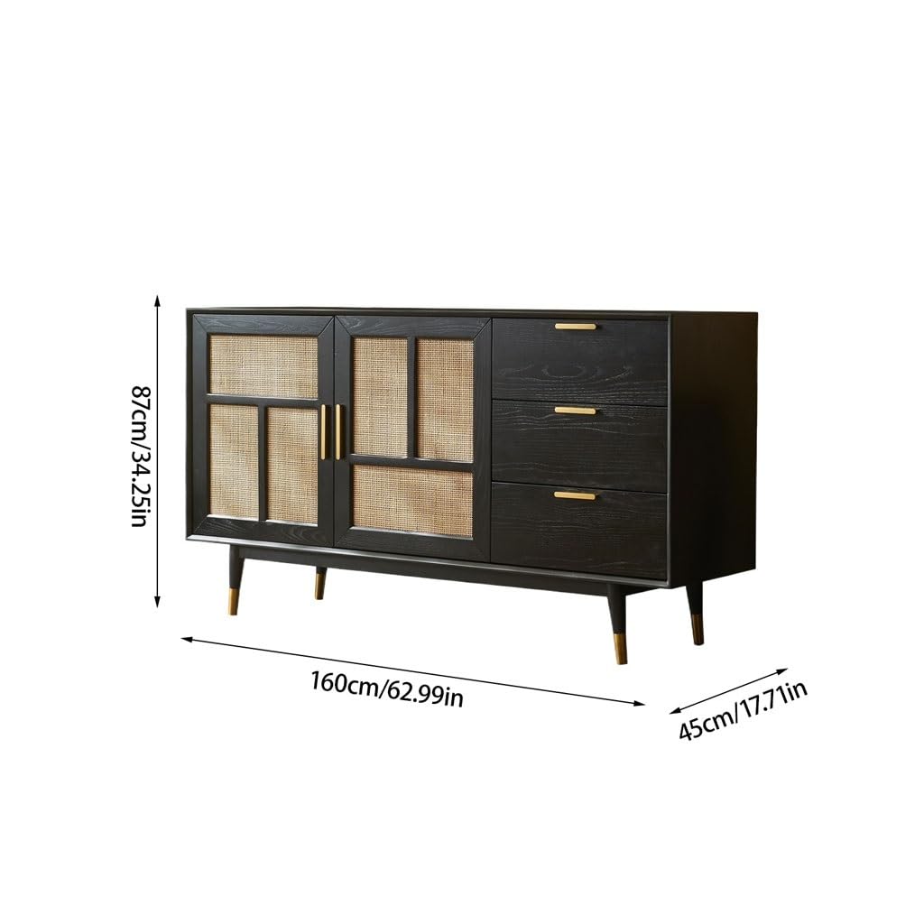 Küchenvorratsschrank Aufbewahrungsschrank aus massivem Rattan, Sideboard mit Schubladen, schwarzer Kaffeebarschrank, geeignet for Esszimmer, Küche, Eingangsbereich Buffetschrank Mit Stauraum