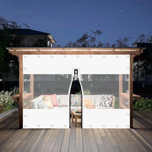 白色透明ターポリンカーテン、ファスナー付きドアのパッチワークターポリンサイドパネル、ガーデンパーゴラ・テラス・ガゼボ用、穴あきアウトドア防水カーテン,1ZipperWhite-2x2m