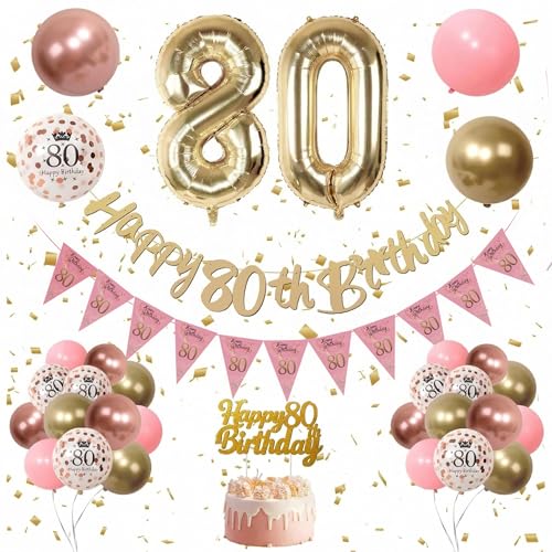 Womens 80th Birthday Decorations - Gold Banner Retro Pink and Rose Gold Latex Party Balloons with Confetti Party Supplies