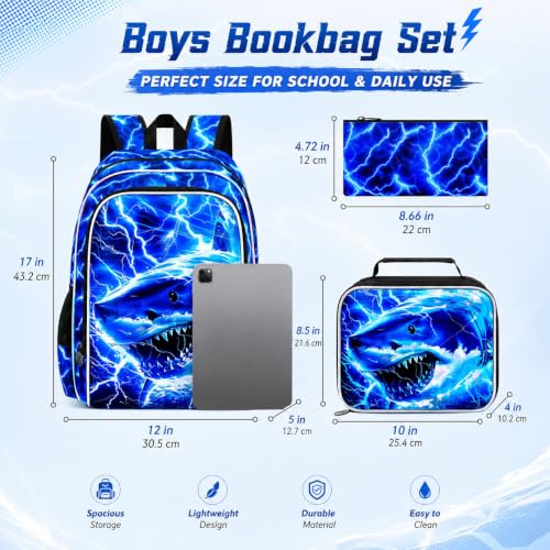 Image of 3Pcs Shark Backpack for Boys, Lightning Kids Bookbag with Lunch Box, 17 inch School Backpacks for Elementary Preschool Kindergarten (Blue)