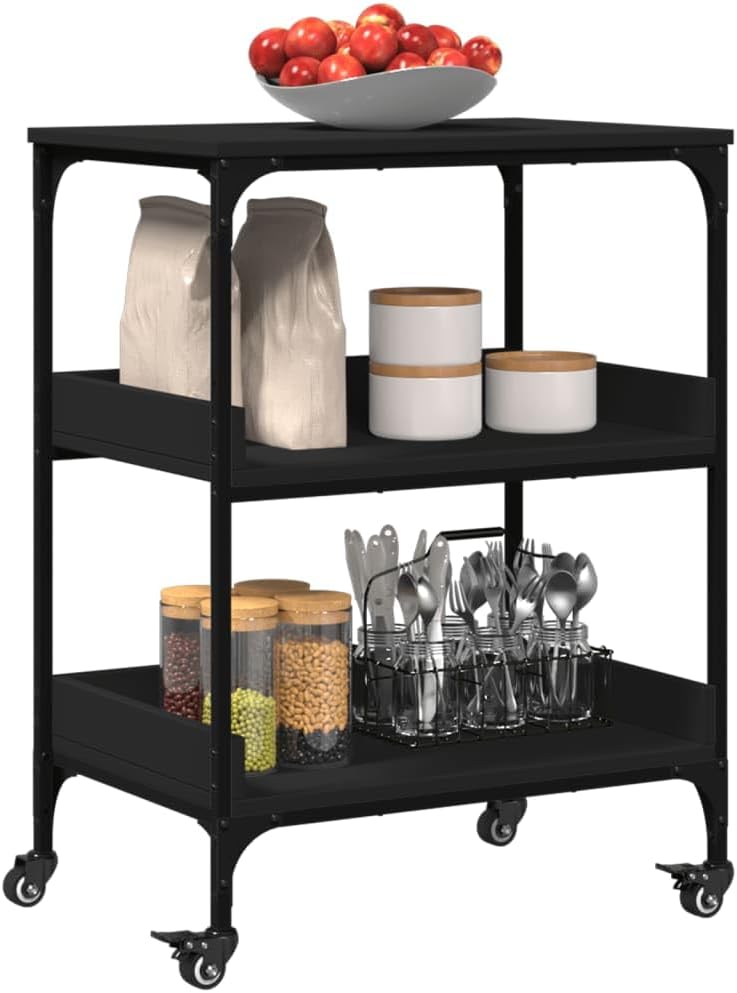 Kitchen Trolley Black Engineered Wood 23.6"x16.1"x31.7" Rolling Kitchen Cart with Wheels Durable Kitchen Storage Cart Mobile Cart for Food and Utility Use