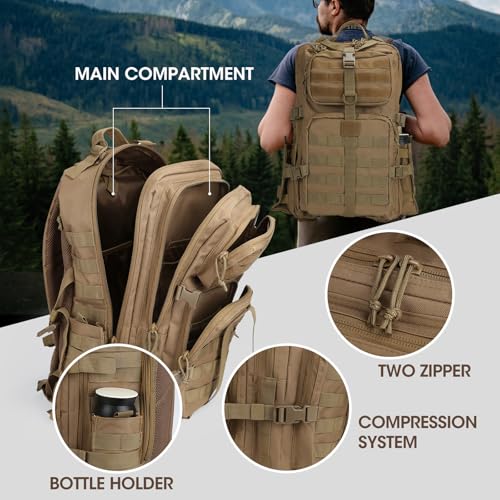 Image of REEBOW GEAR Military Tactical Backpack for Men 3 Day Survival Bag Tan | 40-45L Large Bag, Bottle Holder On the Side, MOLLE, for Outdoor Sports Hunting Hiking, Daypack Bug Out Rucksack Work Bag