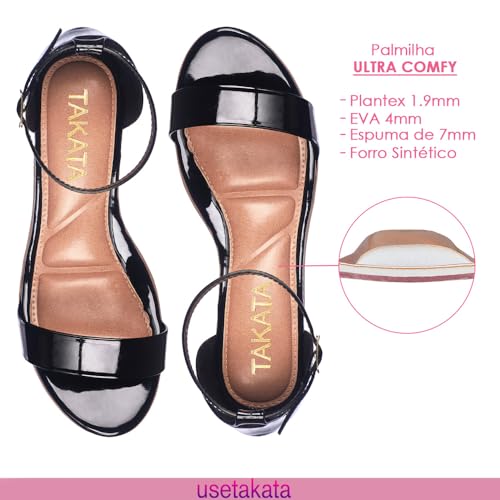 Sandalia Feminina Verniz Salto Médio Baixo Confortavel A302 (Preto, BR, Adulto, Numérico, M, 39)