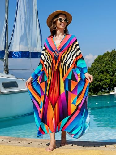 Image of IMAGEKOPE Women's Plus Size Animal Print V-Neck Batwing Kaftan Beach Dress Bathing Suit Cover-Up Loungewear