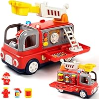Fire Truck Toy for Toddlers Aged 2 3 4 Years, Montessori Fire Engine Toy Interactive Vehicle with Lights and Sounds, Removable Accessories, Music Buttons, Fireman Figure, Gift for Boys and Girls