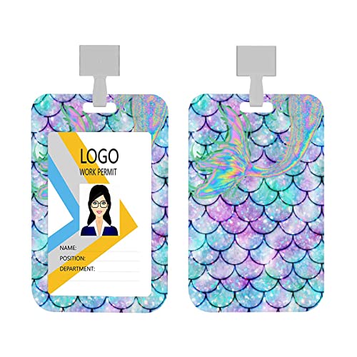 Losthll Id Badge Holder with Lanyard, Mermaid Scales Badge Card Holder,Vertical Slide Cover Abs Name Tags for Teacher Nurse Doctor School Office Work Metro and Access Card