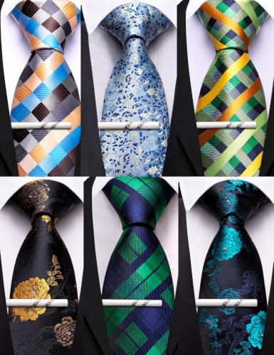 Image of Barry.Wang Mens 6 PCS Ties Silk Striped Paisley Check Floral Necktie Silky Woven Wedding Business Party Ties 3.34 inch