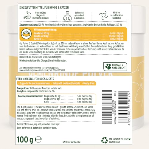 AniForte Amerikanische Ulmenrinde Pulver für Hunde & Katzen 100g - bei Sodbrennen, Magensäure, Durchfall & Erbrechen, für Magenschutz, Darmflora & sanfte Darmkur, Slippery Elm Bark