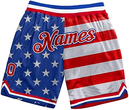 Custom American Flag Pattern Basketball Shorts, Drawstring Waist Swim Trunks Beach Shorts,Board Shorts, Custom Name and Number