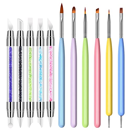 SILPECWEE 11 Stück Nail Art Pinsel Set Dual Tip Silikon Nail Art Pen Nagel Dotting Pen Gel Builder Brush Nail Liner Brush Nail Design Brushes Nail Painting Tools Nail Polish Carving Pen Cover