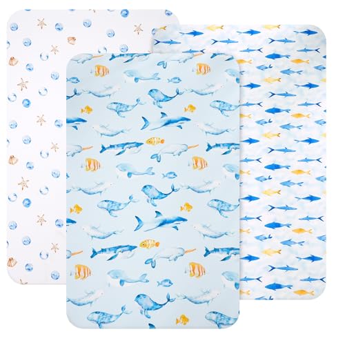 Image of david's kids 3 Pack Mini Crib Sheets, Soft Breathable Premium Pack N Play Sheets for Baby Boys Girls Neutral, Playard and Mini Crib Mattresses, Whale