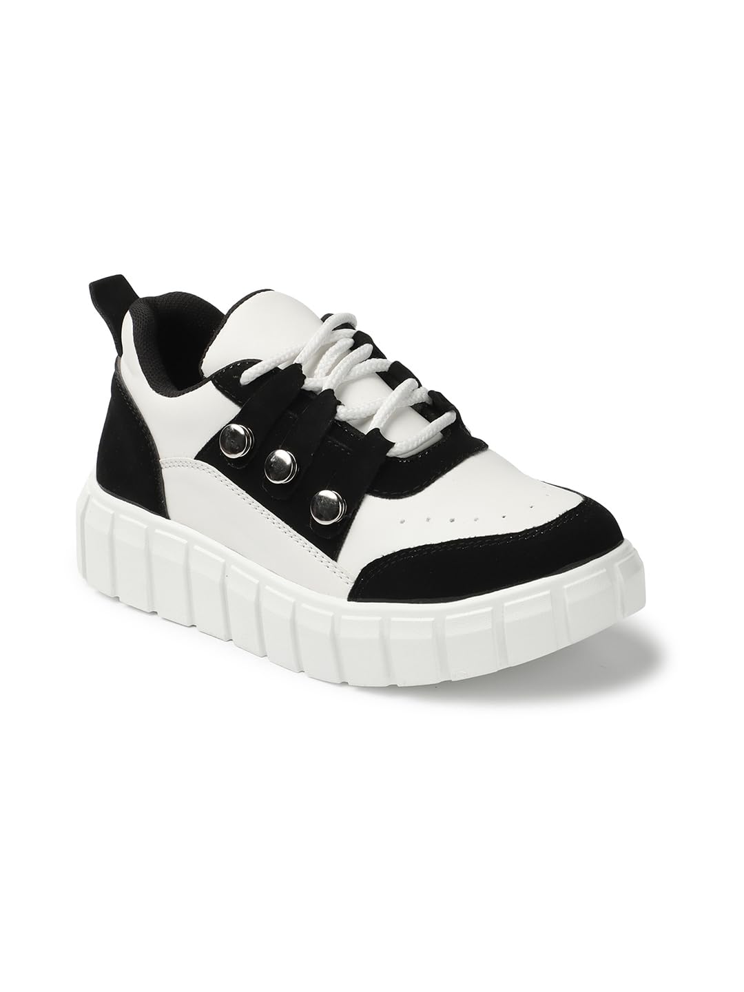 zapatoz Women's Platform Sneakers, Black and White Color Block Design, Chunky Sole Athletic Shoes with Metal Eyelet Details, Casual Fashion Trainers-picture-23