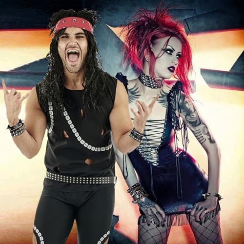 LAPOHI 6 PCS Leather Bracelets for Men Women Punk Goth Rock Spiked 80s Stuff Cool Metal Studded Accessories Black Cuff Wristband for Party Cosplay Night Club Sexy Gift Halloween2