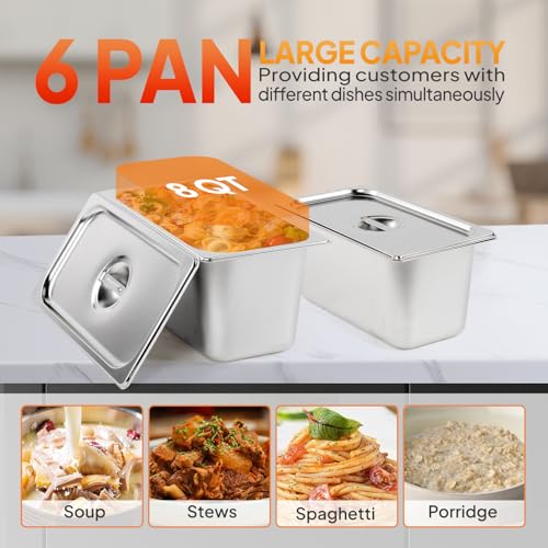 Rovsun FOOD WARMER-5 48Qt 1500W Electric Commercial Food Warmer, 6-Pan Steam Table 8Qt/Pan Stainless Steel Bain Marie Countertop W/Acrylic Shield Temperature Control & Lid thumb #3