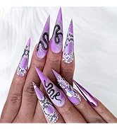Purple Press on Nails Medium Almond Fake Nails with Snake Print Design Glue on Nails Premium Matt...
