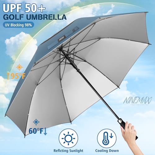NINEMAX ゴルフ傘 日傘 62/68インチ 大きい 8本骨 UVカット スポーツ観戦 二層構造 おしゃれ 超撥水 耐強風 丈夫 晴雨兼用 収納ポーチ付き (ダークブルー/シルバー, 68インチ/172CM) 3枚目