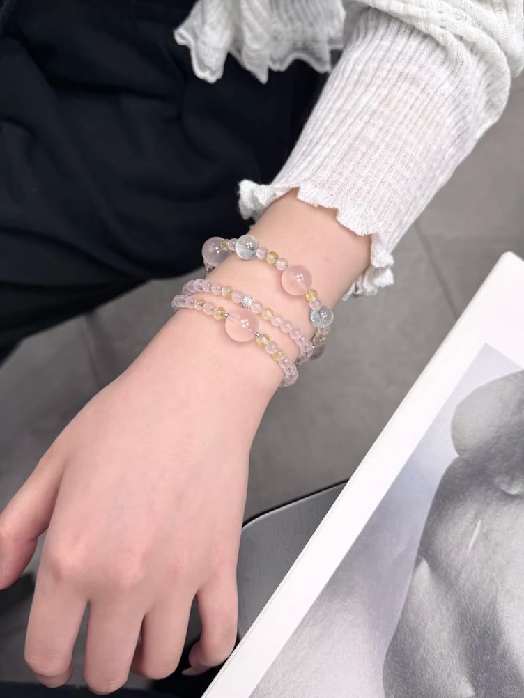 Bracciale elastico cristalli naturali donna,gioiello perline e pietre | Bracciale acquamarina al quarzo rosa, braccialetto spirituale Reiki con pietre preziose fatto a mano
