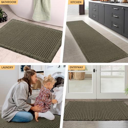 Waffle Bath Mat Olive Green 36"x24", Boho Woven Modern Bath Mat Rugs, Absorbent Non Slip Bathroom Rugs, Soft Washable Bath Rugs with Tassels for Bathroom, Bedroom, Kitchen, Shower, Tub by IM HOME - Used condition - Image 7