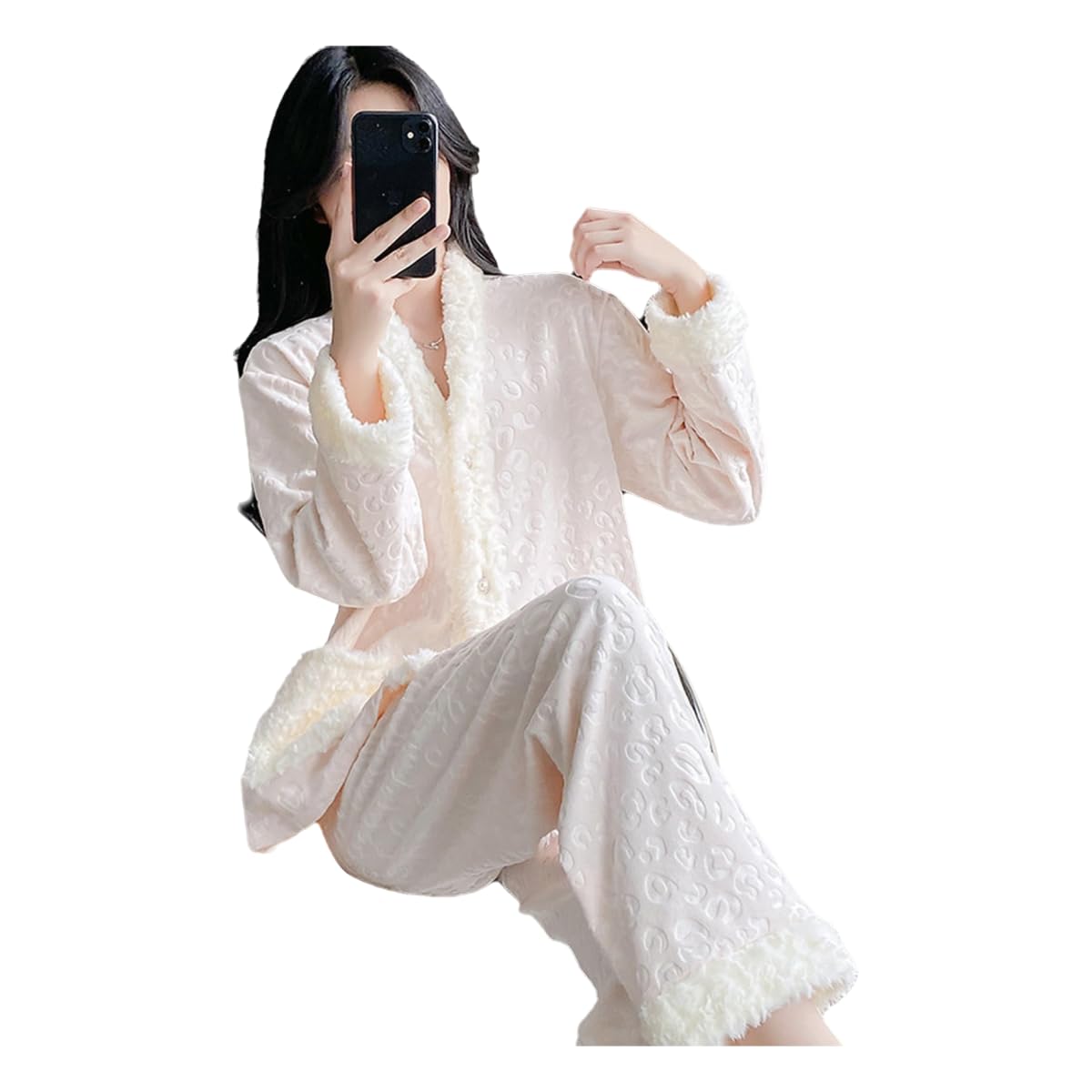 Abito da Notte Donna Set Pigiama in Soffice Lana Maglione E Pantaloni Pile Larghi -Rosa-XL