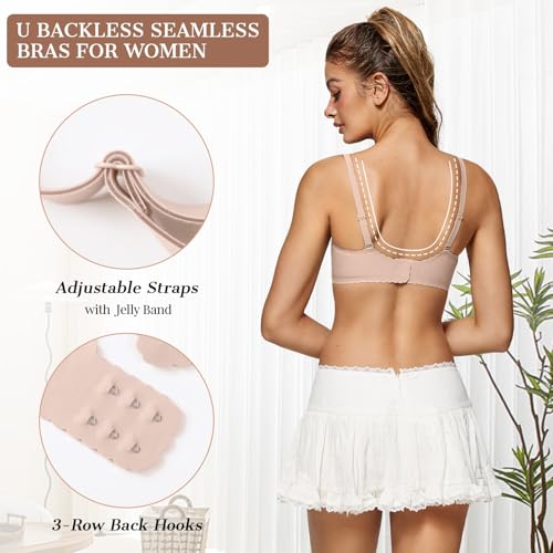 Image of OEAK Womens Comfortable Bras Wireless Bras Push Up Bralettes Scalloped Mesh Bras Seamless Tshirts Bras Deep V Everyday Bras