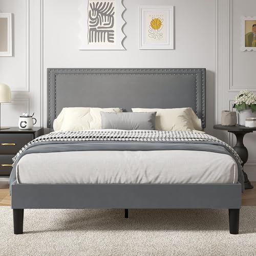 Image of VECELO Queen Size Platform Bed Frame with Height Adjustable Upholstered Headboard, Modern Mattress Foundation,Strong Wood Slat Support, No Box Spring Needed, Easy Assembly,Dark Grey