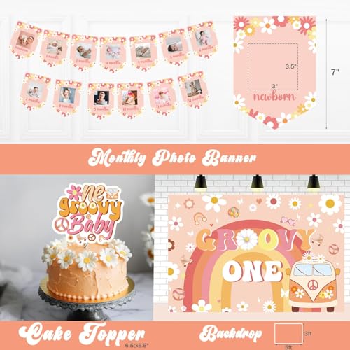 Hombae Groovy One Birthday Decorations, 1st Birthday Decorations Girl, Boho Daisy Hippie First Party Supplies, Retro Balloon Garland Backdrop Banner Tablecloth Cake Topper Plates Napkins Forks - Thumbnail 5