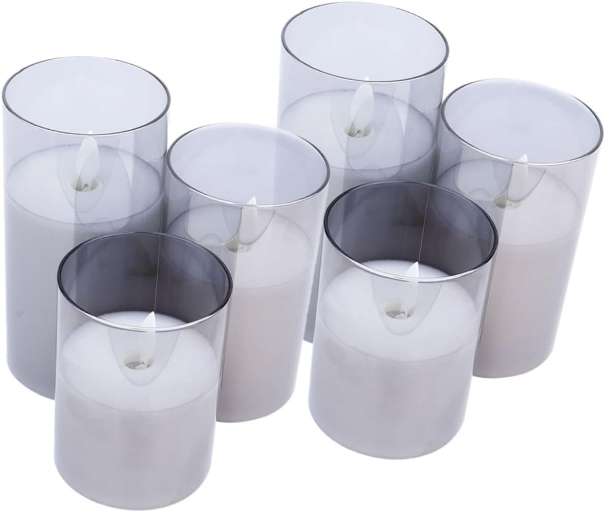 CHILDWEET 6pcs Flameless LED Glass Candle Lights Battery Operated Electric Candle Lamps for Home Decor and Romantic Candlelight Scenes, Grey Mixed Sizes 7.5/10/12.5/15cm