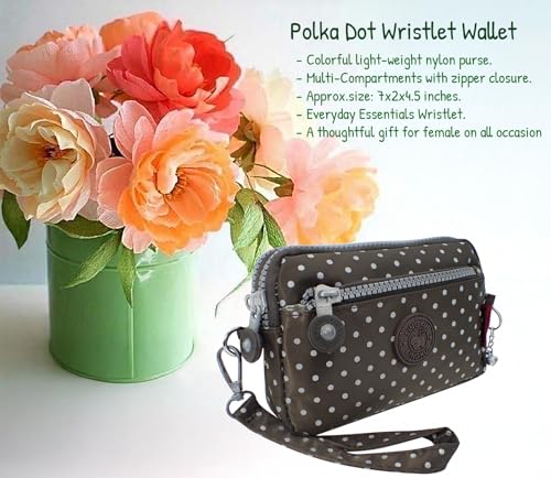 Polka Dot Wristlet Wallet Clutch Purse for Woman with 3 Zippers, Detachable Wristlet Strap, Water Repellent, Cell Phone Holder, Card, Coin, Cash, Cosmetic, Daily Essentials (Brown)2