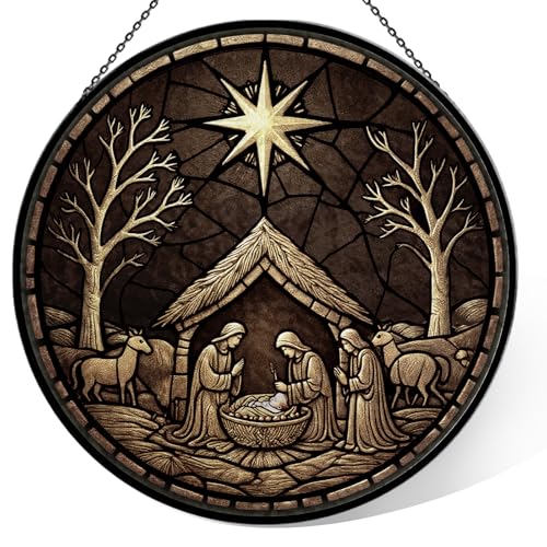 Nativity Scene Suncatcher - 7.9" Hand Painted Stained Glass Christmas