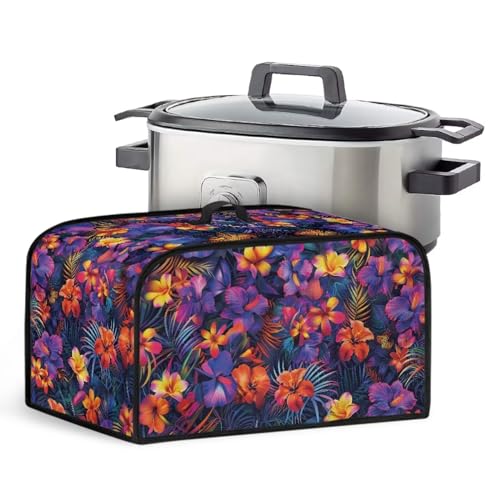 TODIYADDU Purple Hibiscus Flowers Slow Cooker Dust Cover with Handle Plumeria Air Fryer Cover Insulated Travel Carrier for Women Lightweight Appliance Cover Dust Cover Trendy Home Decor Gifts