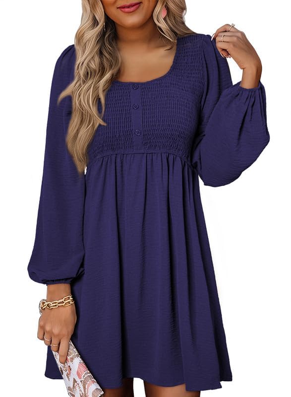 Dokotoo Casual Dresses for Women 2026 Spring Dresses Crewneck Long Sleeve Empire Waist Smocked Flowy Hem Elegant Mini Shirt Dress Navy Blue Dress X-Large