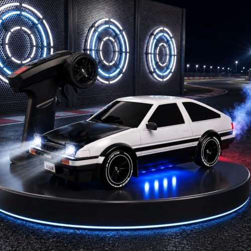 Image of GRAPHENE White RC Drift Smoke Remote Control Car Toy for Boys Kids Adults 1:24 Scale 4WD with USB Charger Racing Drifting Tyres High Speed Model Vehicle LED Lights Crawlers Stunt Car 4+Years