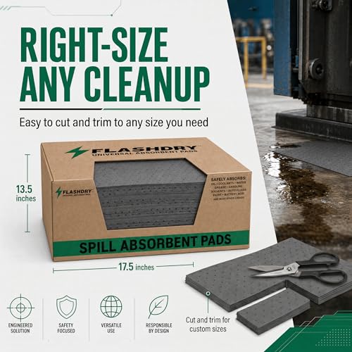Image of FLASHDRY Universal Spill Absorbent Pads, 100-Count Dispenser Box, 17.5 inch x 13.5 inch, Absorbs Oil, Grease, Coolant & Solvents, for Garages, Warehouses, Factories & Industrial Facilities