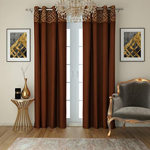 Image of Swayam 100% Blackout Polyester Long Door Curtain for Living Room & Bedroom | 9 Feet | Room Darkening Curtain with Eyelets | Pack of 2 | Solid Design - Brown