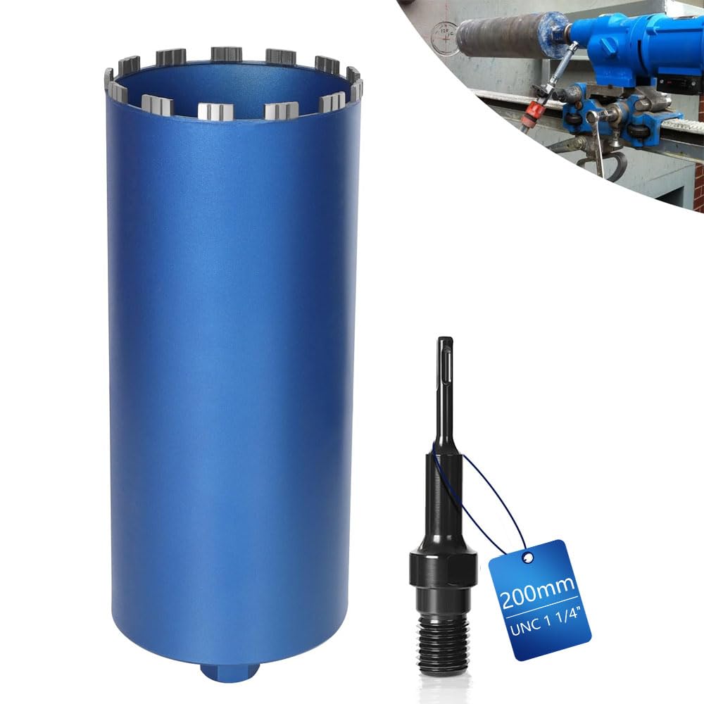 Diamentowa koronka wiertnicza pogłębiacz puszek do wiertarek rdzeniowych w zestawie 10 mm Turbo, L 460 mm | Ø 200 mm | adapter SDS-PLUS | 1 ¼ cala UNC | Wiertło rdzeniowe na mokro i sucho wiertło