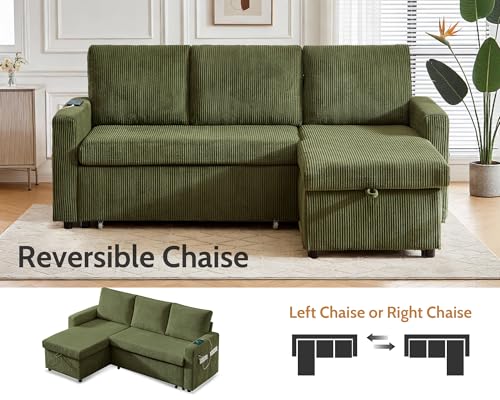 Image of WEUP 82 inch L Shaped Sectional Sleeper Sofa Bed with Pull Out Bed, Sectional Sleeper Couch Pull Out Couch with Reclining Backrest /Reversible Storage Chaise /USB Ports /Tool-Free Assembly, Corduroy Green