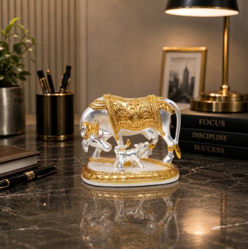 Image of Gold Art India Kamdhenu Cow with Calf Idol | 999 Silver Plated & 24KT Gold Plated | Two Tone Matte Finish | Premium Peacock Green Velvet Gift Box | Vastu Cow Statue for Home Temple & Spiritual Gifting
