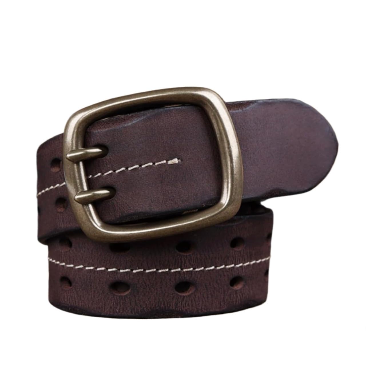 Krxsobnv Men's Coffee Leather Belt, Thickened Edge Pressed Belts With Copper Pin Buckle Classic Belt (,120Cm)