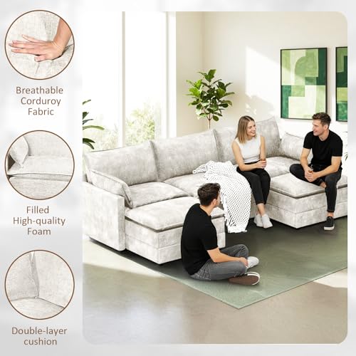Image of LEVELEVE 112.5 inch U-Shape Modular Sofa with 2 Ottomans, Deep Seat Cloud Convertible Sleeper, 2 Arm Pillows, Comfortable Upholstered Furniture for Living Room Apartment, Beige