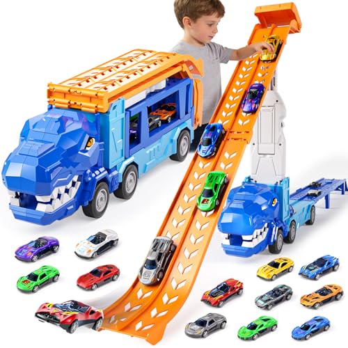 Doloowee Dinosaurier LKW Spielzeug für Jungen ab 3 Jahren LKW Kran mit 12 Mini Rennwagen Geschenk für Kinder 3 4 5 Jahre Alt