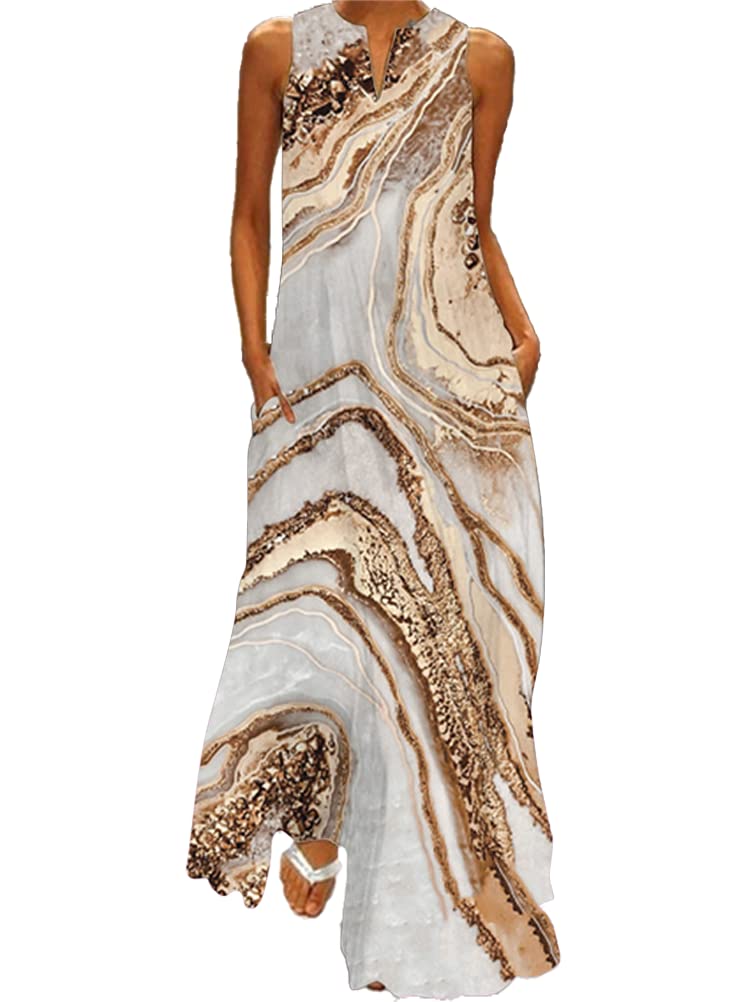 ticticlily Vestido de Mujer Verano Largo Vestidos de Fiesta Casual Playa Vestido sin Manga Cuello V con Bolsillo Vestidos Maxi Largos Talla Grande