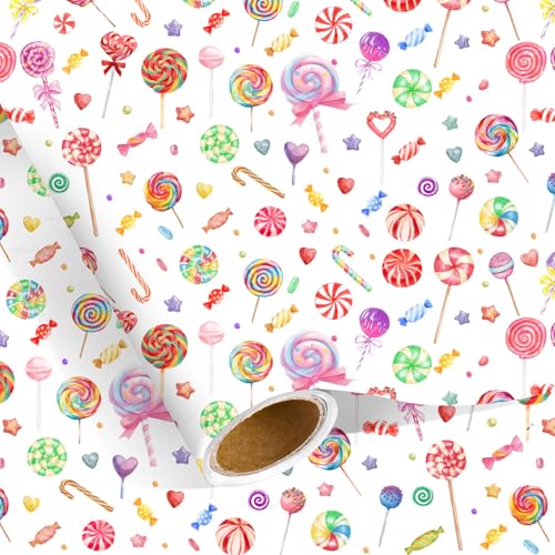 Pineraap Watercolor Candy Wrapping Paper Roll 17 Inch x 16.4 Feet - Colorful Candy Lollipop Design Gift Wrap Sweet Gift Packing Paper for Girls Birthday Party Holiday Baby Shower