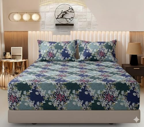 Image of 3D Print 180 TC Cotton Feel All Around Elastic Fitted Bedsheets King Size, for Double Bed with 2 Pillow Covers, Size- 78 inch x 72 inch (Multi Flower)