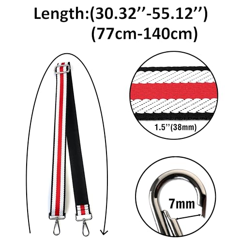 Image of Black White Red Stripe Webbing Purse Strap with Silver Hardware 1-1 /2 Inch Wide Replacement Crossbody Guitar Style Adjustable Shoulder Strap for Handbags Totes