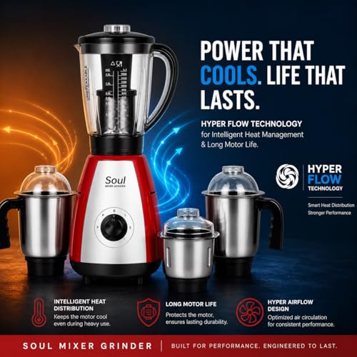 Image of Pringle Soul Maxx 750W Mixer Grinder 4 Jar | 5 Yr Warranty | 60 Min Non Stop Running | 3 SS Jars (Liquidizing, Wet & Dry Grind, Chutney Jar) 1 Juicer Jar | Copper Motor | SS Blades | Red